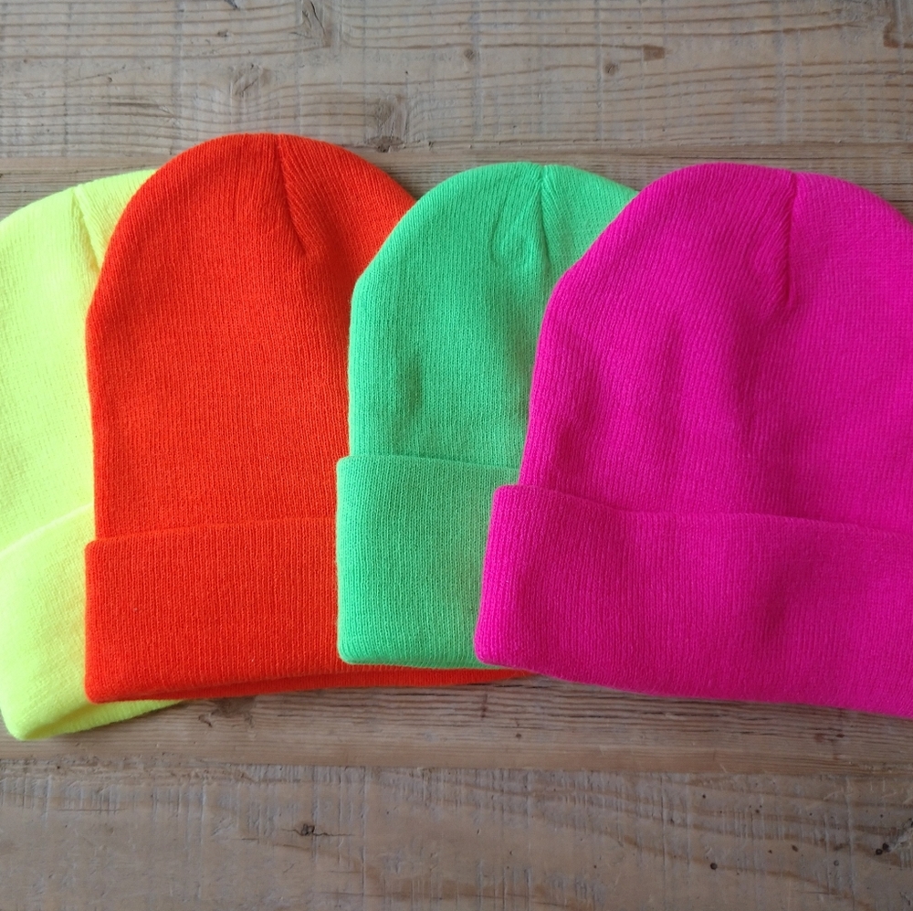 4 neon knit beanies.